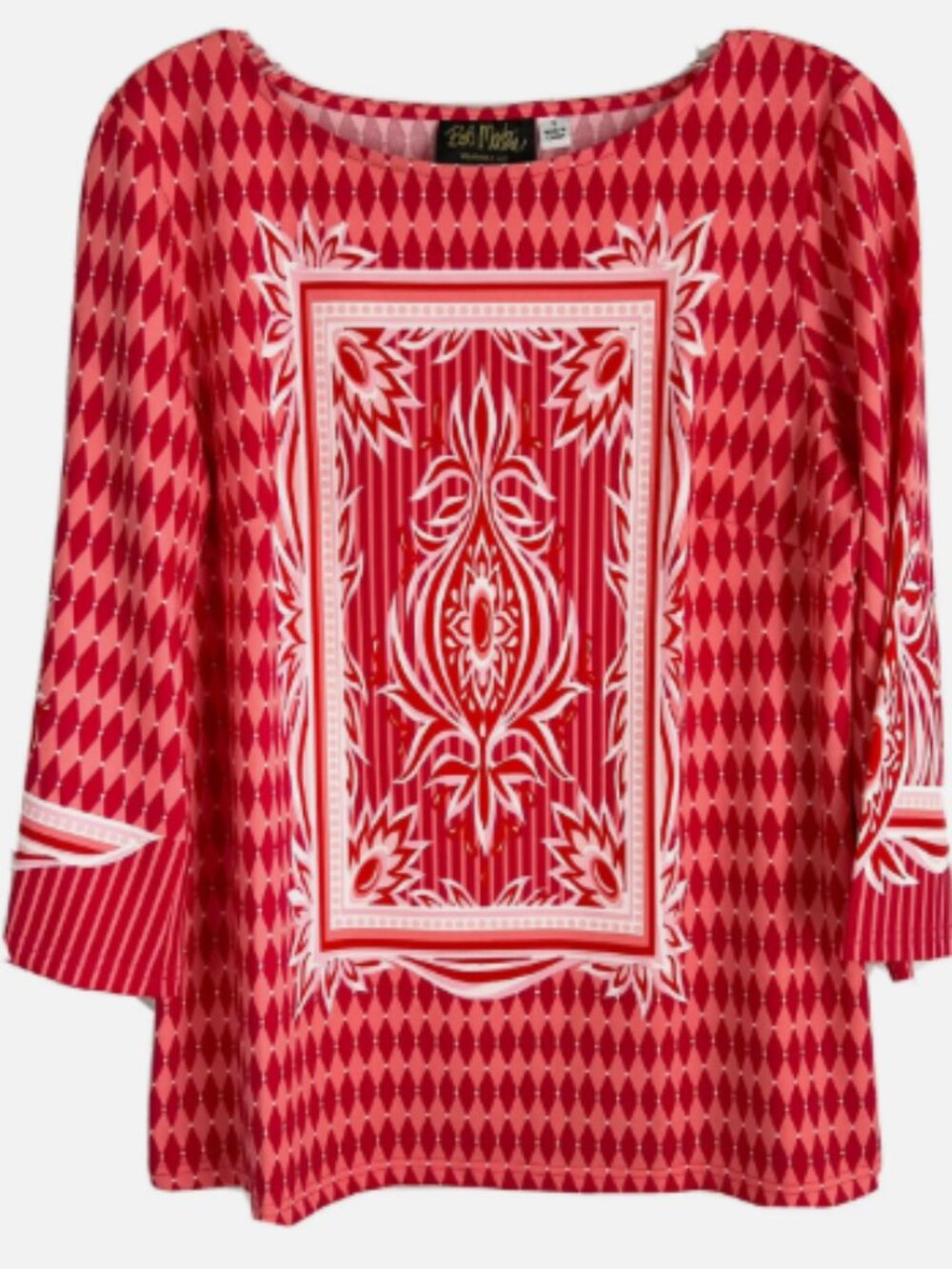 Bob‎ Mackie Wearable Art Strawberry Red Pink Geometric Diamond Stretch Top